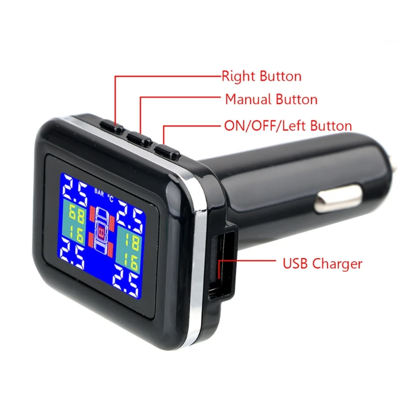 

Car Universal Wireless Tire Pressure Alarm Monitor TPMS System with 4 External Sensor LCD Display Cigarette Lighter Plug
