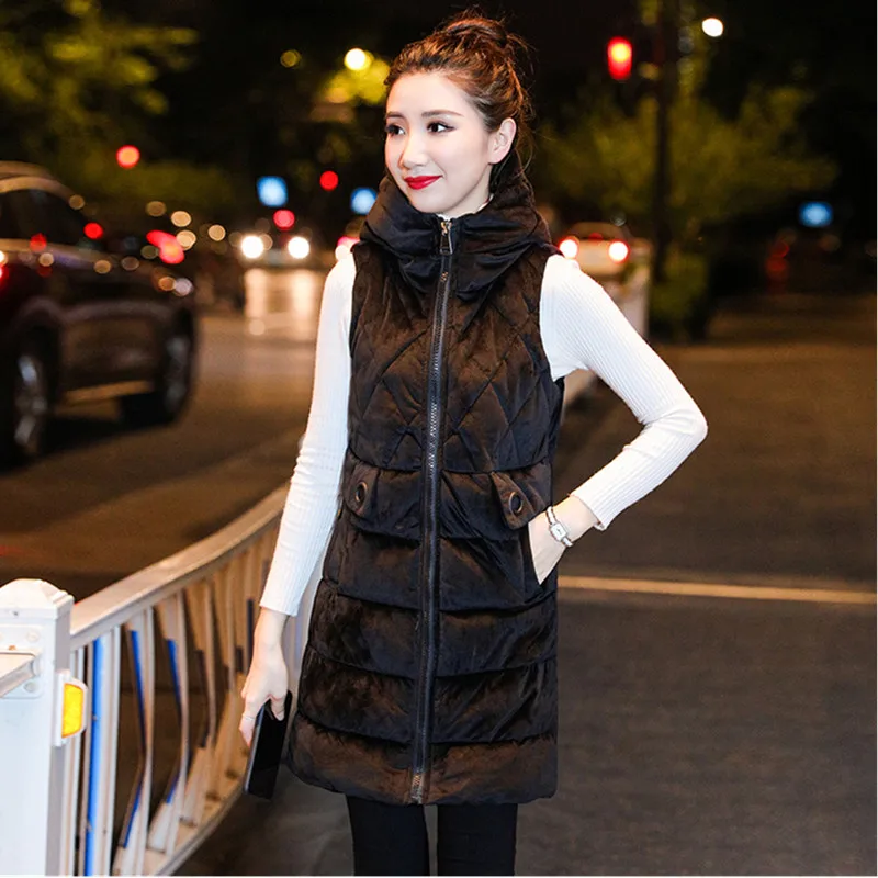 

YAGENZ Gold Velvet Vest Women Autumn Winter Clothes Hooded Long Coat Plus size Vest Female Waistcoat Warm Down Cotton Vest 538