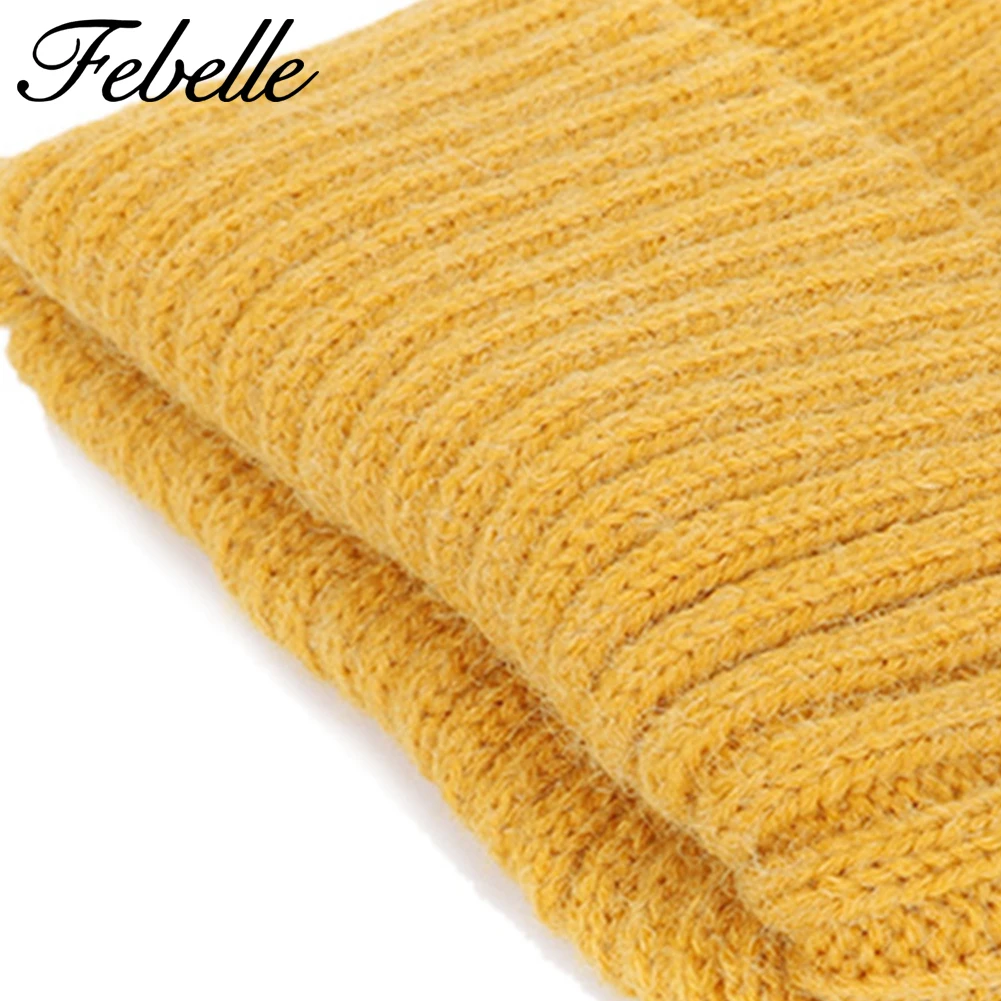 Зимняя шерстяная унисекс Шапка бини для женщин и мужчин Febelle вязаные однотонные