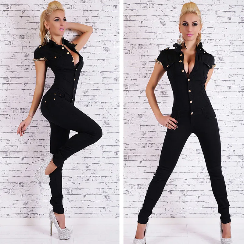 

Black Denim Jumpsuit Women Clothes Skinny Casual Overalls For Fomen Denim Botton Bodycon Short Sleeve Tight Bodysuit