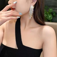 long tassel shiny rhinestone womens pendant earrings square pearl geometric hanging earrings fashion jewelry accessories 2021