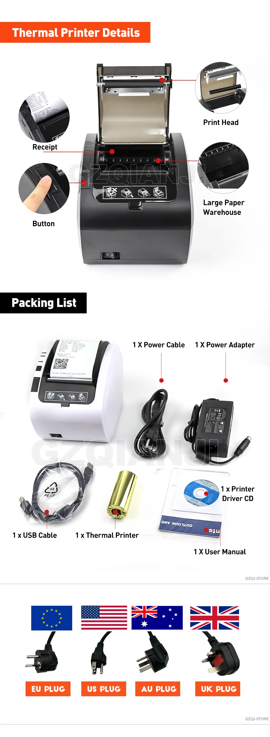 GZ8002 80 мм Термопринтер автоматический резак ресторан кухня POS принтер USB+ Серийный+ Ethernet Wifi Bluetooth принтер