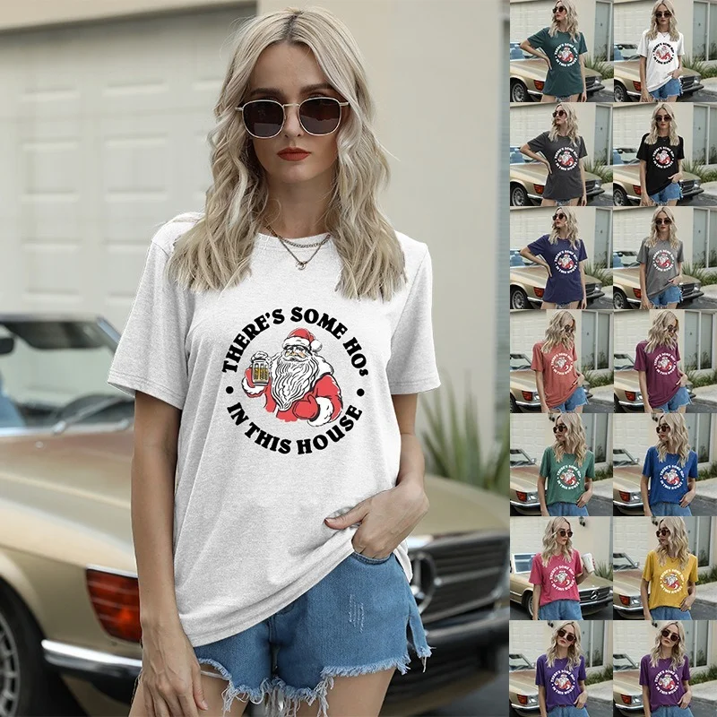 

Summer T-shirt Santa Hat Print Short Sleeve Top Women's Graphic Top