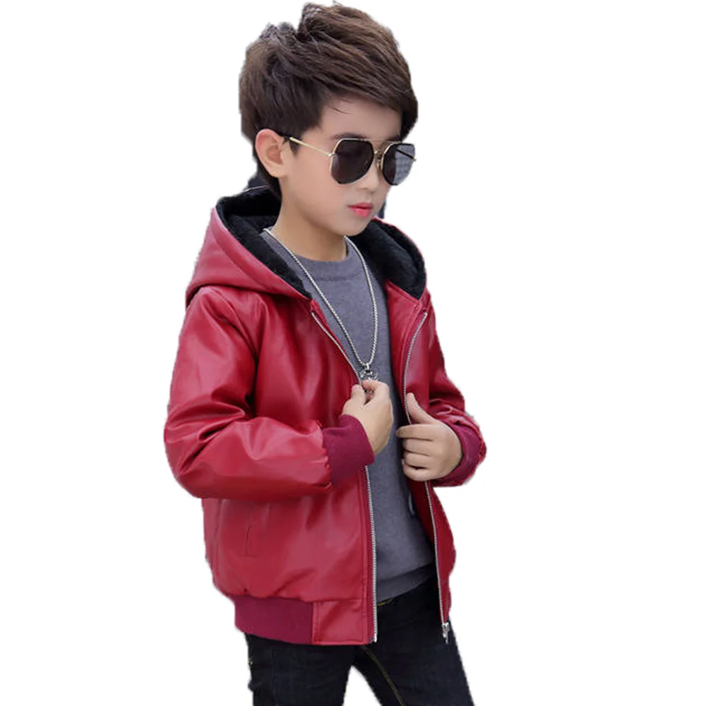 

Winter PU Leather Jacket For Boy 2021 Korean Version Plus Velvet Thick Fashion Hooded Coat Handsome Casual Children's Clothing