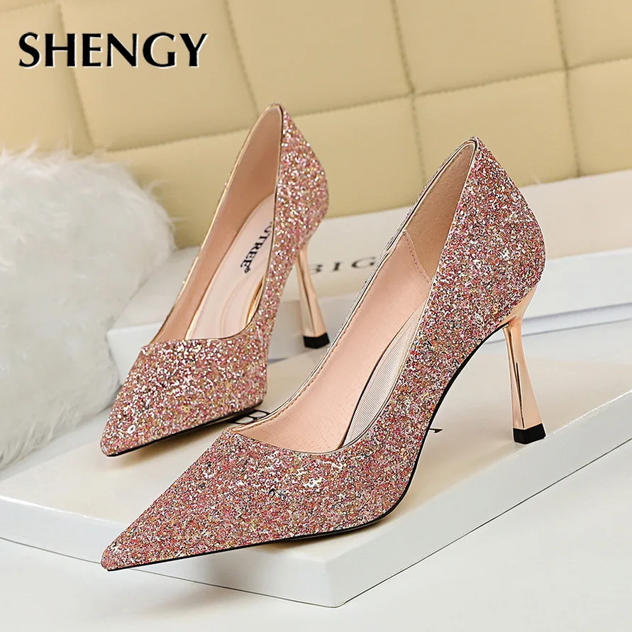 

New 2020 Office Bling Thin High Heels Women Shallow Fashion High Heels 8cm Heels Pumps Party Shoes