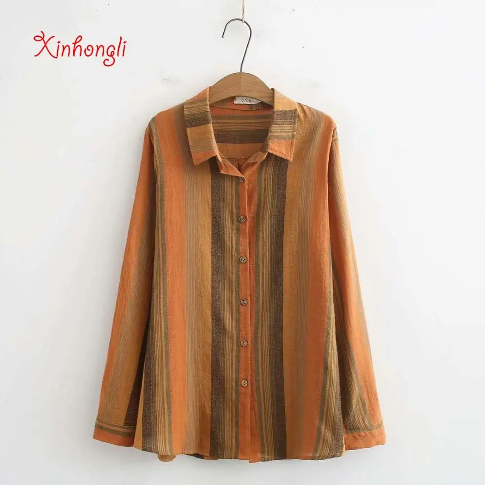 Женская хлопковая блузка в полоску Повседневная Свободная рубашка большого