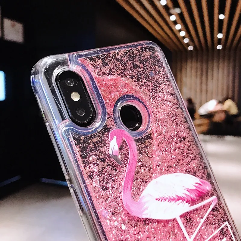 Flamingo Liquid Glitter Cover Phone Case for Xiaomi mi 8 9 SE A1 A2 MI8 Lite Redmi Note 7 6 Pro Mi 3 5 5C 5S Fundas Coque |