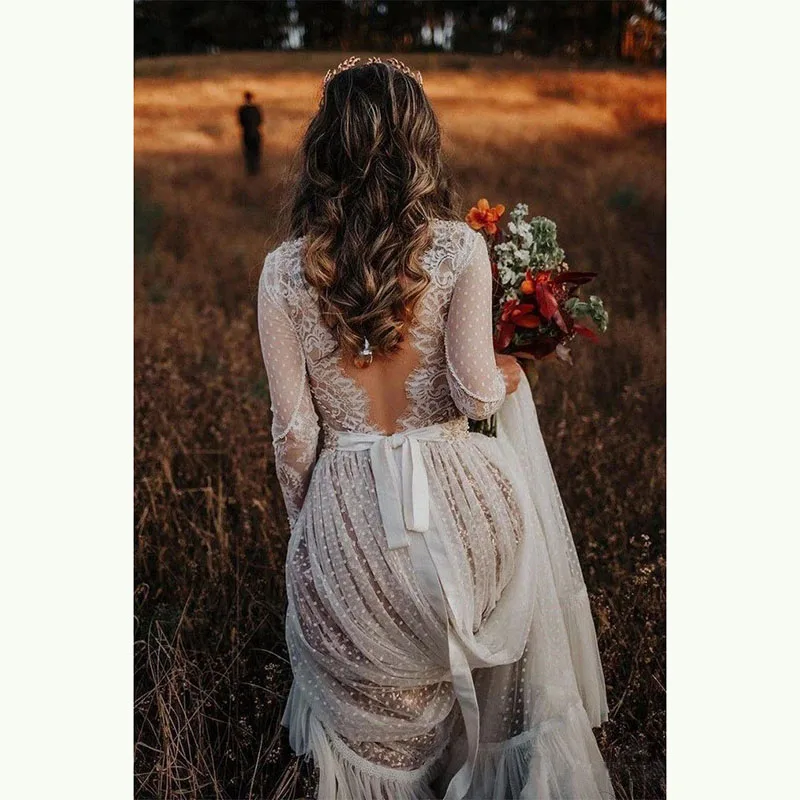 Новинка классические кружевные свадебные платья в стиле бохо с длинным рукавом