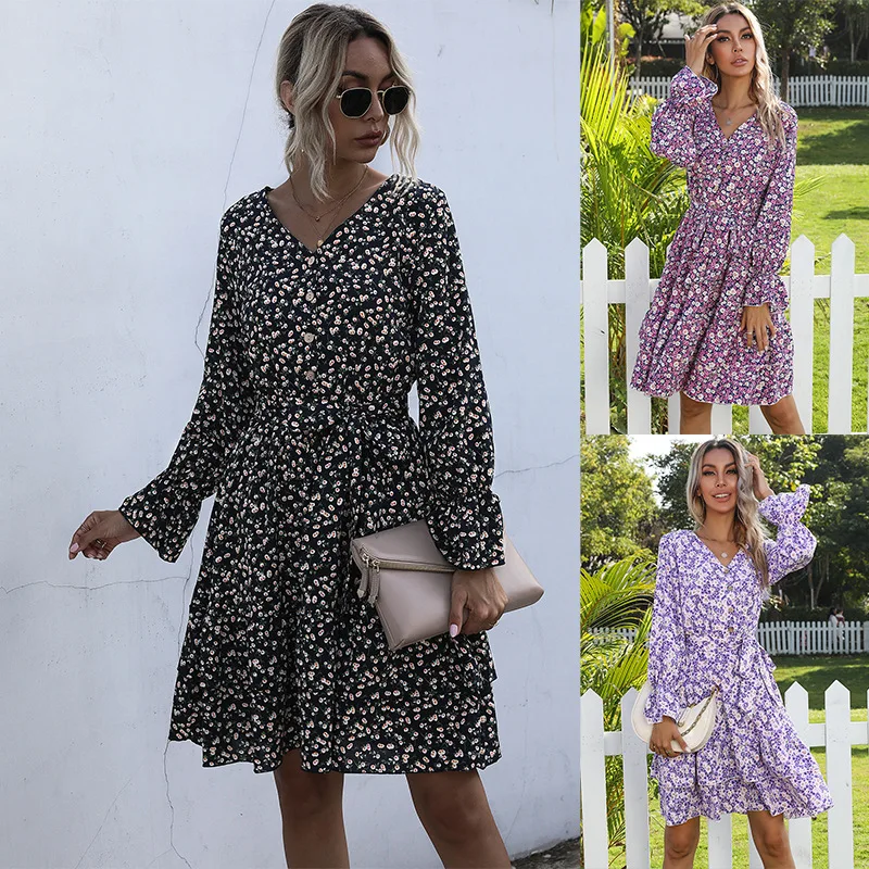 

Женское шифоновое Плиссированное Платье с V-образным вырезом и длинными рукавами