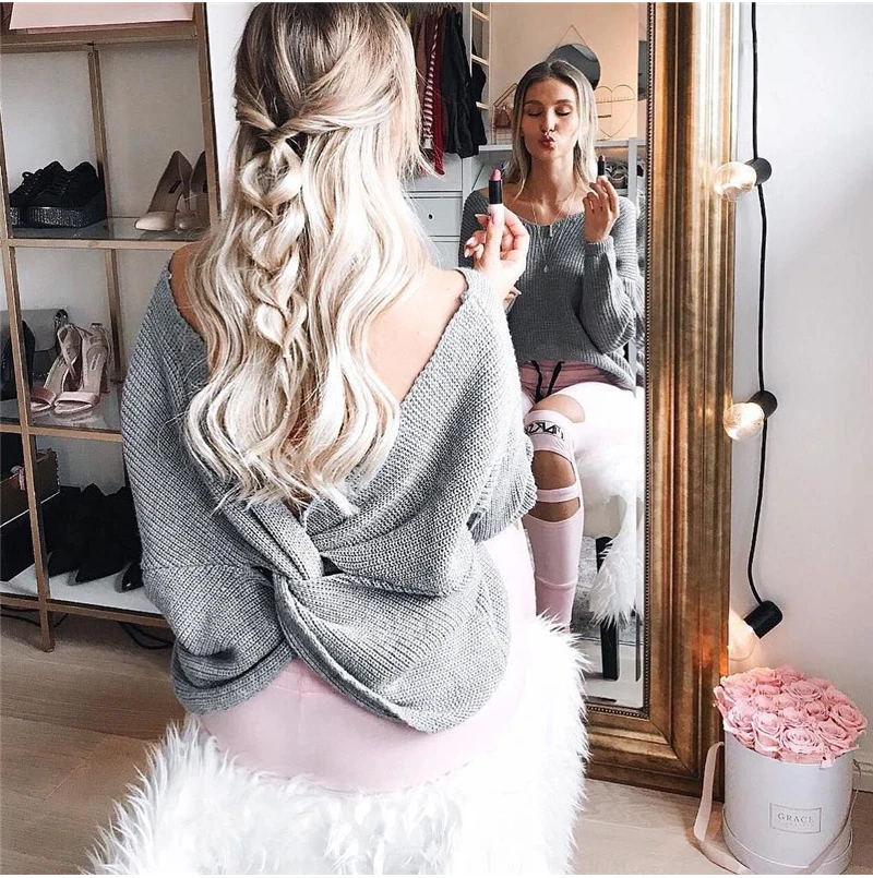 Модный женский свитер Осень-зима длинный рукав v-образный вырез открытая спина