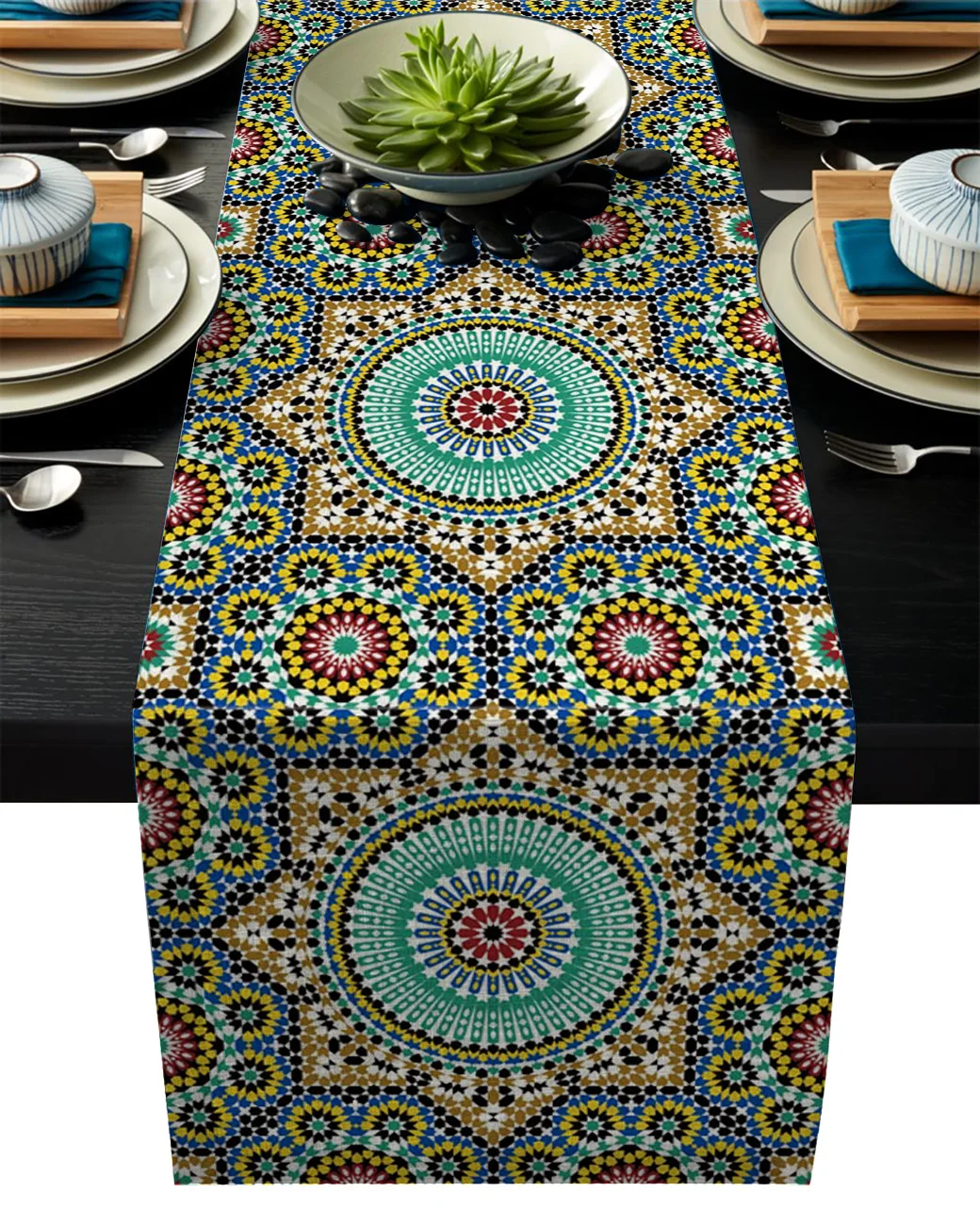 مفرش طاولة بزهور مغربية ملونة ، مفرش طاولة للعشاء ، للمناسبات ، الزفاف ، الإسلام