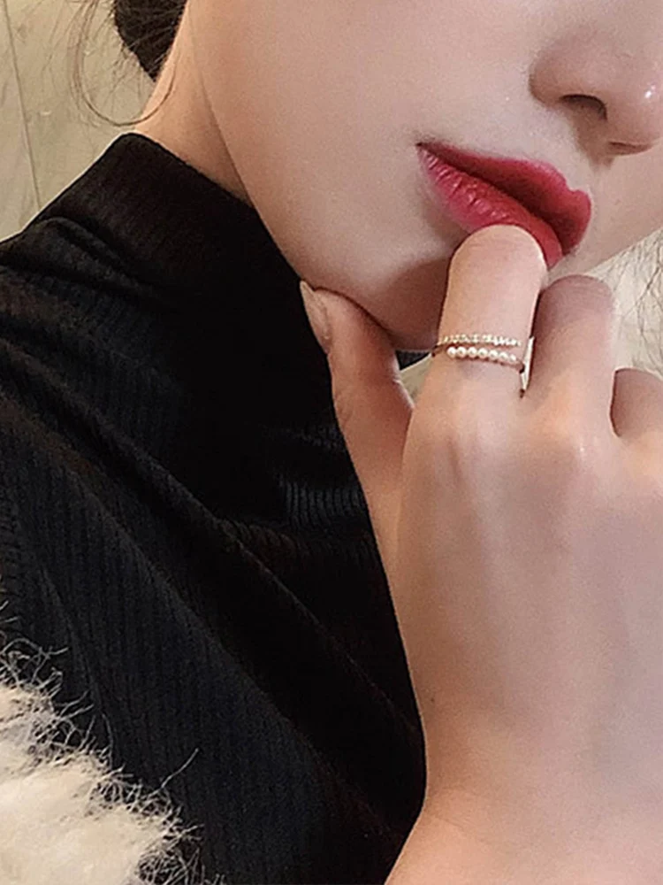 

New Fashion Korean Pearl Crystal Ring Temperament Simple Girl Wild Ring Party Jewelry Gift Opening Adjustable