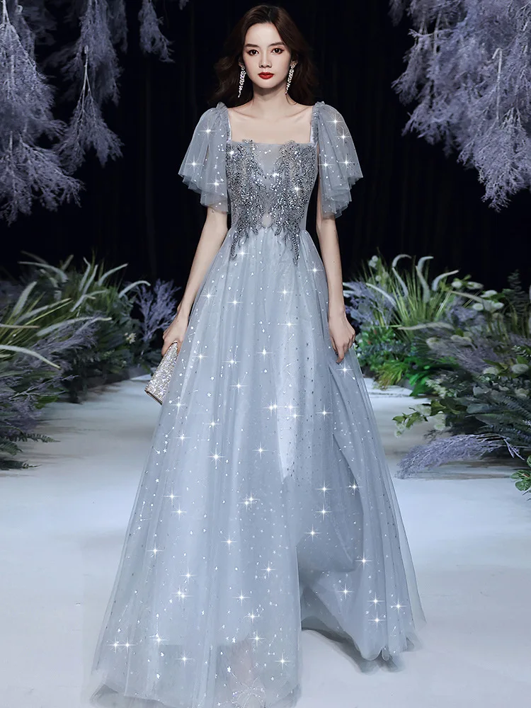 

Exquisite Appliques Women Evening Dress Sequins Bling Pleated Mesh Dresses Long Skirt Winter Blue Bridesmaid Wedding Prom Gown