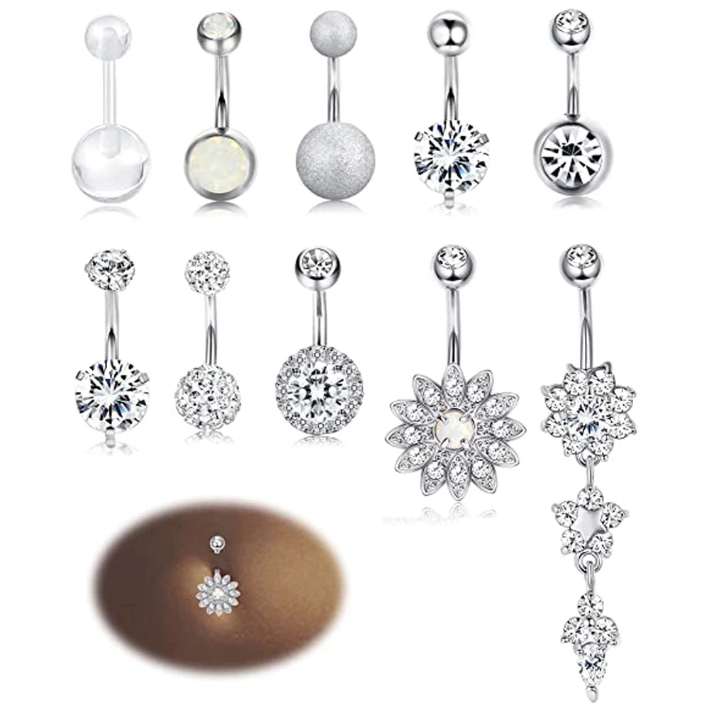 

10 Style Stainless Steel Belly Button Rings for Womens Navel Rings Barbell Dangle Acrylic CZ Body Piercing Jewelry