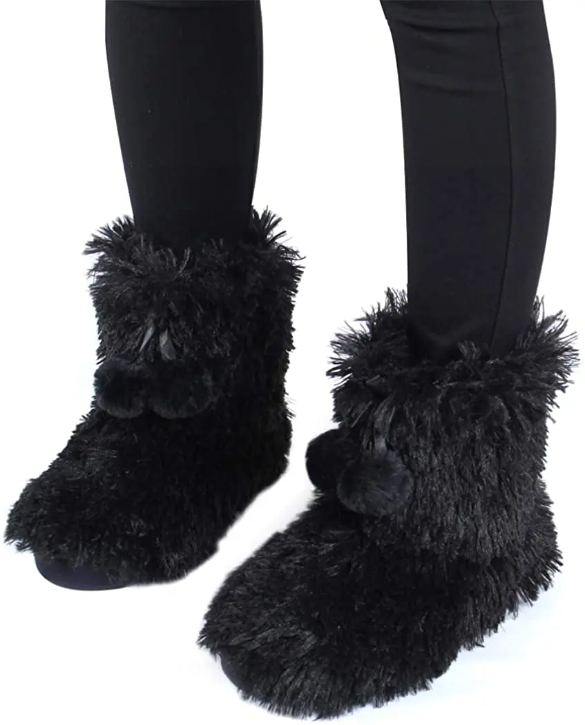 

Gohom Women Fuzzy House Bootie Slippers Winter Warm Fur Luxury Black Ankle Boots Shoes With Pom Poms Indoor