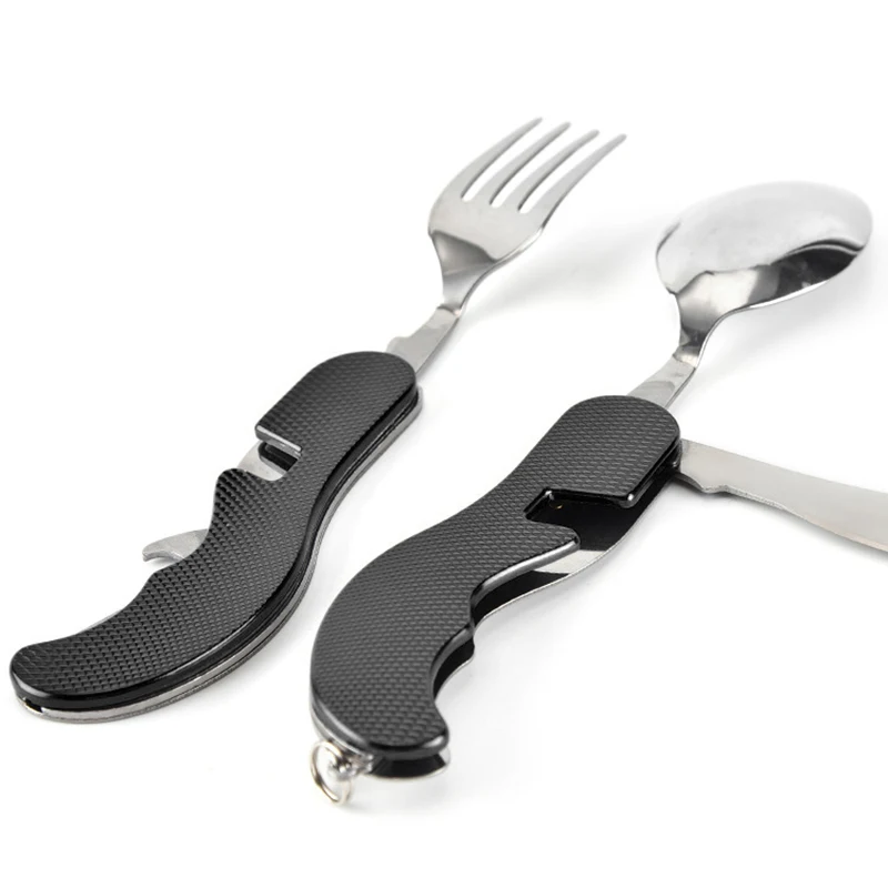 

4 In 1 Outdoor Tableware Set Camping Cooking Supplies Stainless Steel Spoon Folding Pocket Kits Home Picnic Hiking Travel Tools