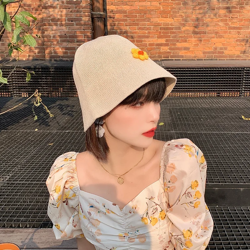 Female Spring Summer Women Fisherman Hat Basin Cap Woven Sun Solid Color Simple Yellow Flower Artist Hats Designer
