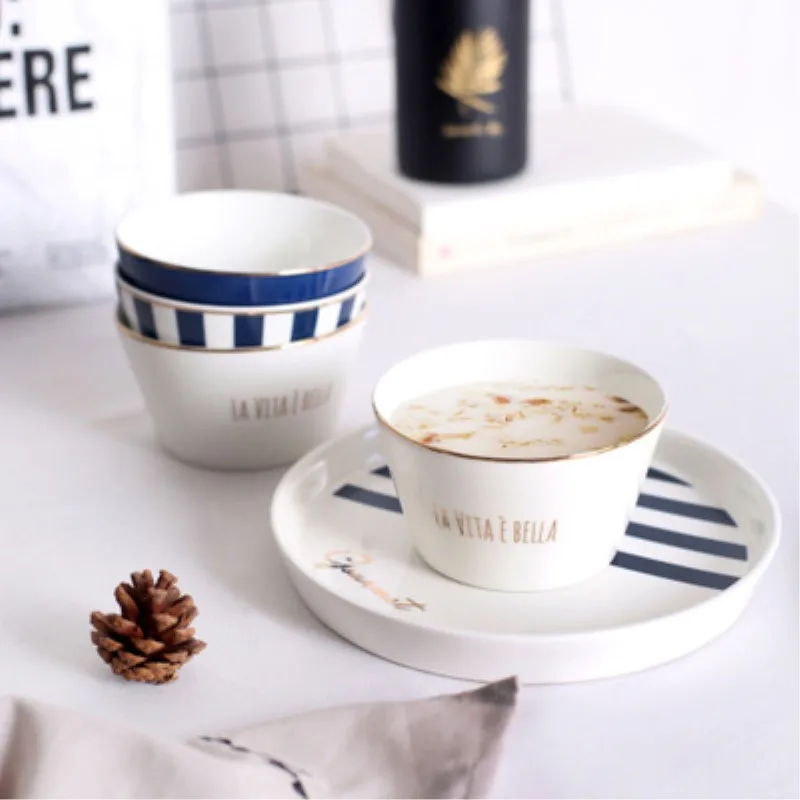 JO LIFE керамическая салатная миска Позолоченные блюда Nodic темно-синие полосы