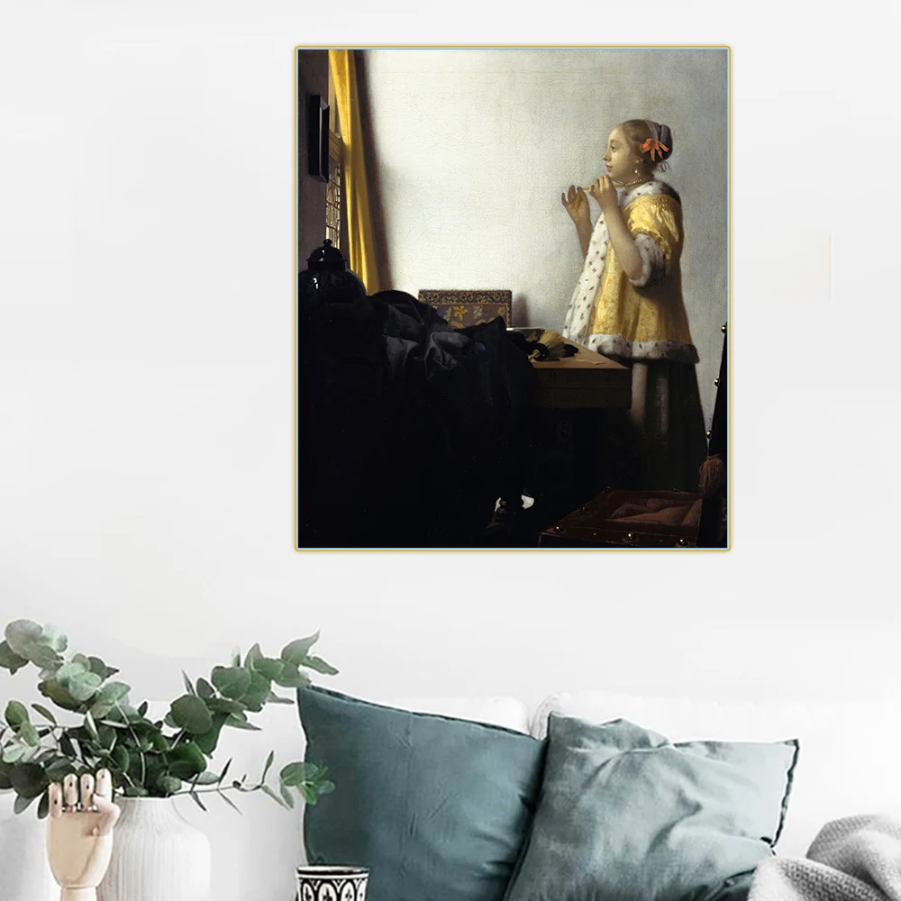 Молодые женщины с жемчужным ожерельем Йоханнеса Вермеера Холст Картина маслом