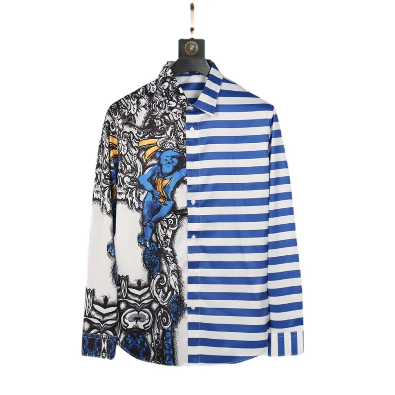 2021 autumn and winter new men's long-sleeved shirt fashion stitching printing non-iron shirt long-sleeved trendy men's shirt