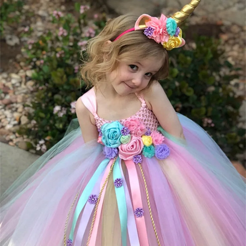 

Girls Unicorn Flower Tutu Dress Kids Tulle Strap Dress Ball Gown+ Unicorn Headdress 2pcs Children Party Costume Dress 2021