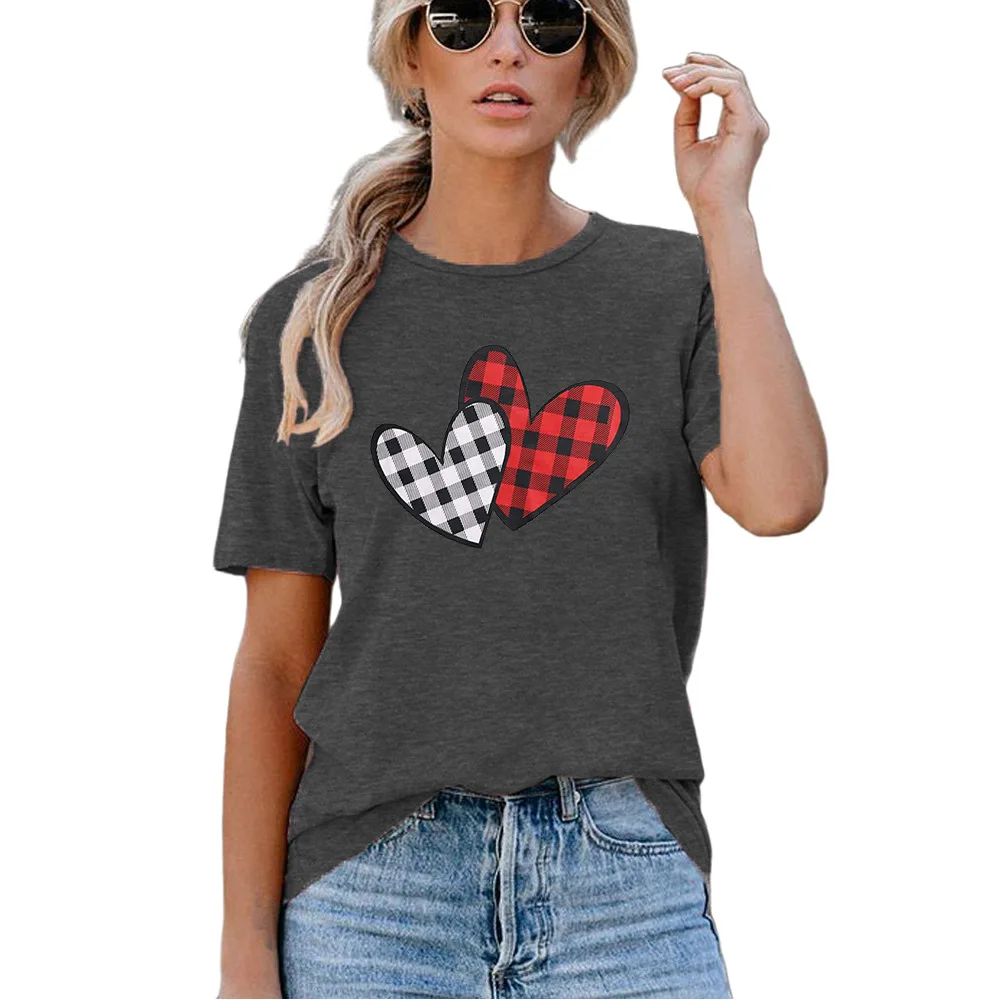

Carney top Plaid double love print round neck short sleeve T-shirt
