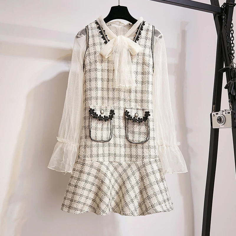 2 piece set Элегантное платье без рукавов с v-образным вырезом, твидовое платье, осенне-зимний модный дизайн, клетчатое милое платье с карманом для женщин, тонкий мини-жилет - Цвет: 2 piece set