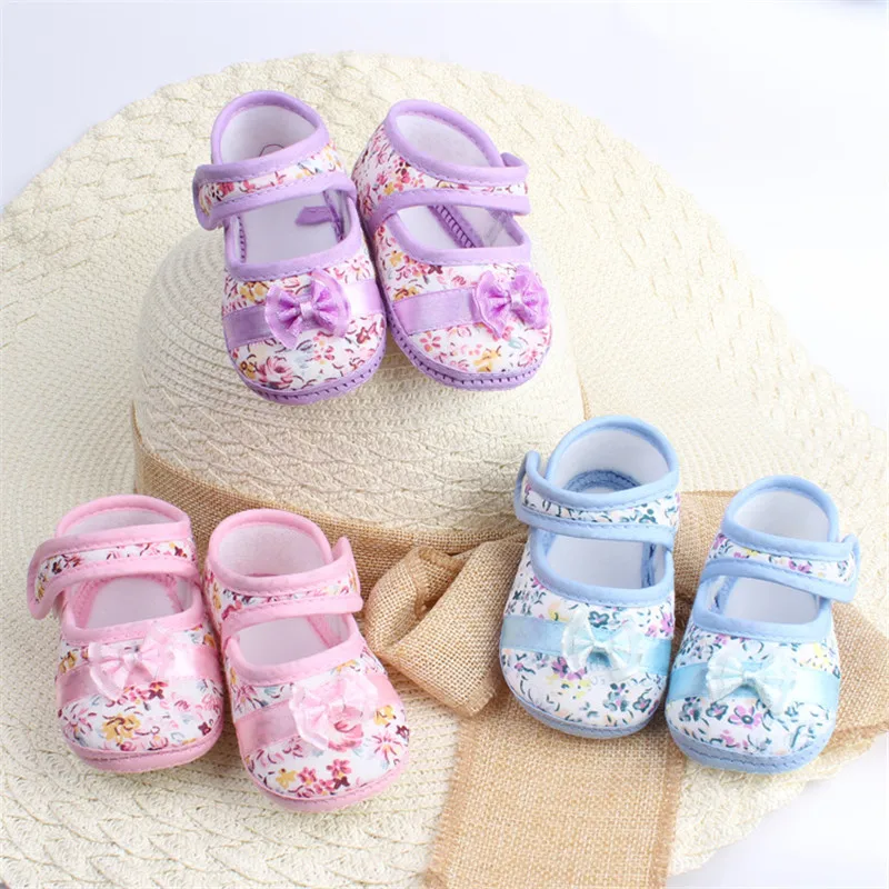 

Infants Shies Baby Kids Bowknot Flower Printed Prewalker Cotton Fabric Shoes
