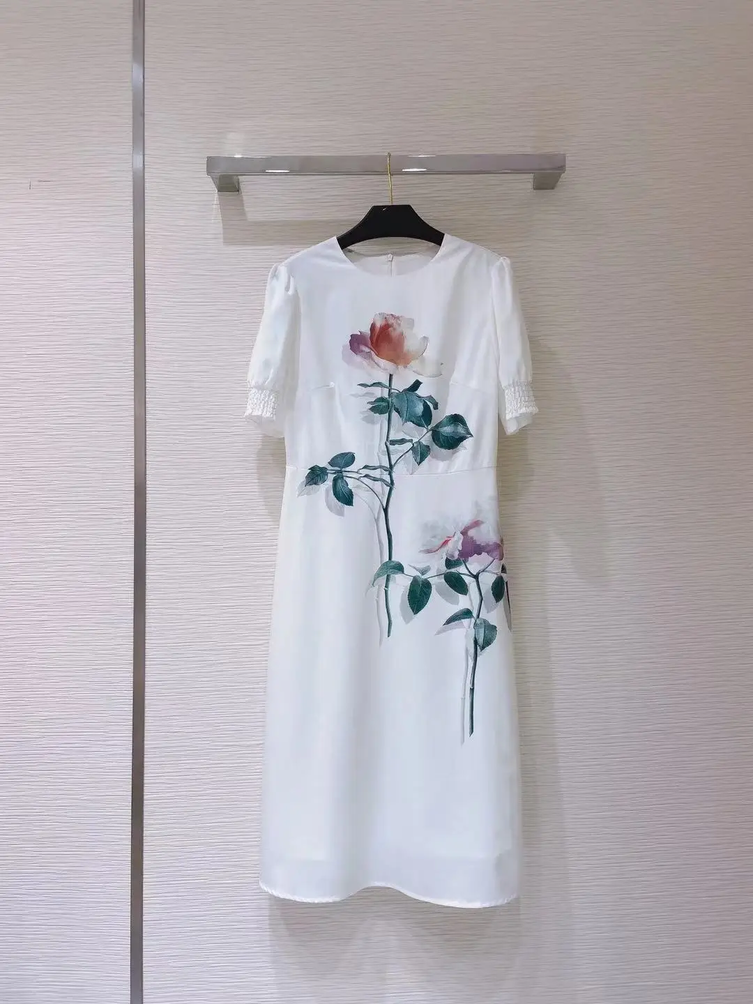 

2021 Fashion Runway Summer Midi Dress Women Short sleeve Chic Flower Print Vintage Ladies Holiday Top White Dresses