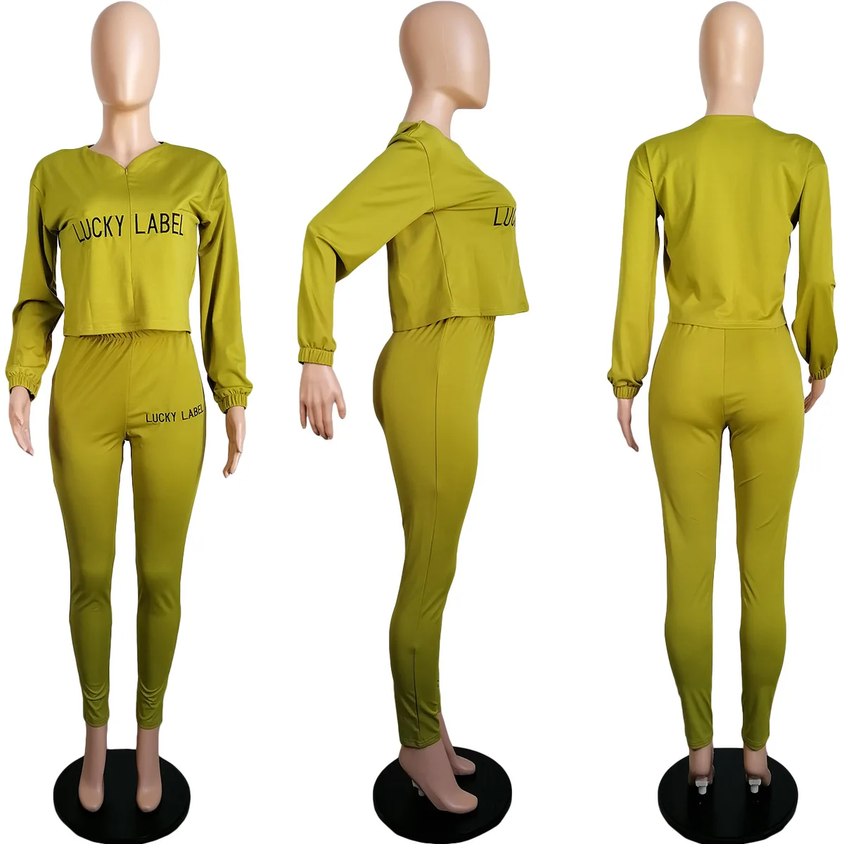 

Lucky Label Print Women 2 Piece Set 2021 New Loose Crop Top + Skinny Pencil Pants Fitness Solid Workout Activewear Jogger Set