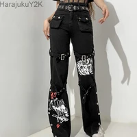 gothic bandage women baggy jeans aesthetic harajuku cartoon print black denim trousers dark academia hight waist pants