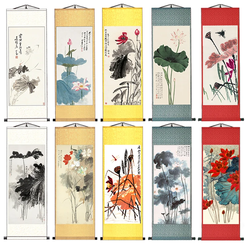 Цветок лотоса шедевр китайская живопись прокрутка шелк фэн шуй антикварный