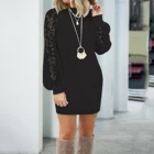 Весеннее трикотажное платье, женское кружевное платье с вышивкой, модное повседневное однотонное мини-платье, свободное тонкое платье-пуловер с длинным рукавом, Femme