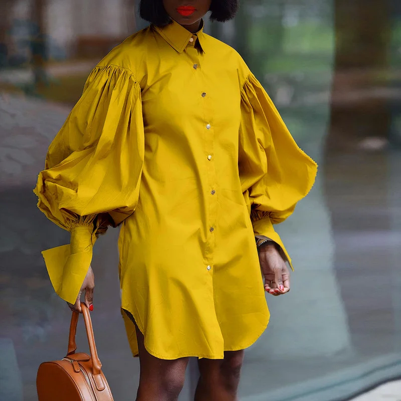 

Fall 2021 Lapel Puff Sleeve Lapel Shirt Dress Fashion Casual Personalized Dress Shirt Collar Casual Wear Short Comfortable Wear