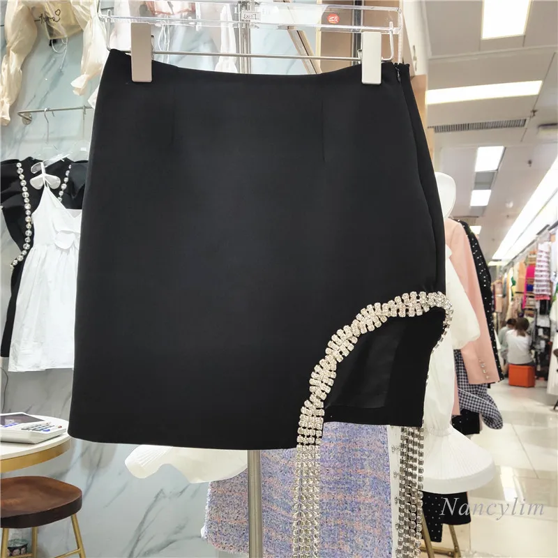 

Fashion Skirt Woman Side Drill Chain Tassel Slim-Fit Office Lady All-Match Mini Skirts Black Jupe Femme Nancylim