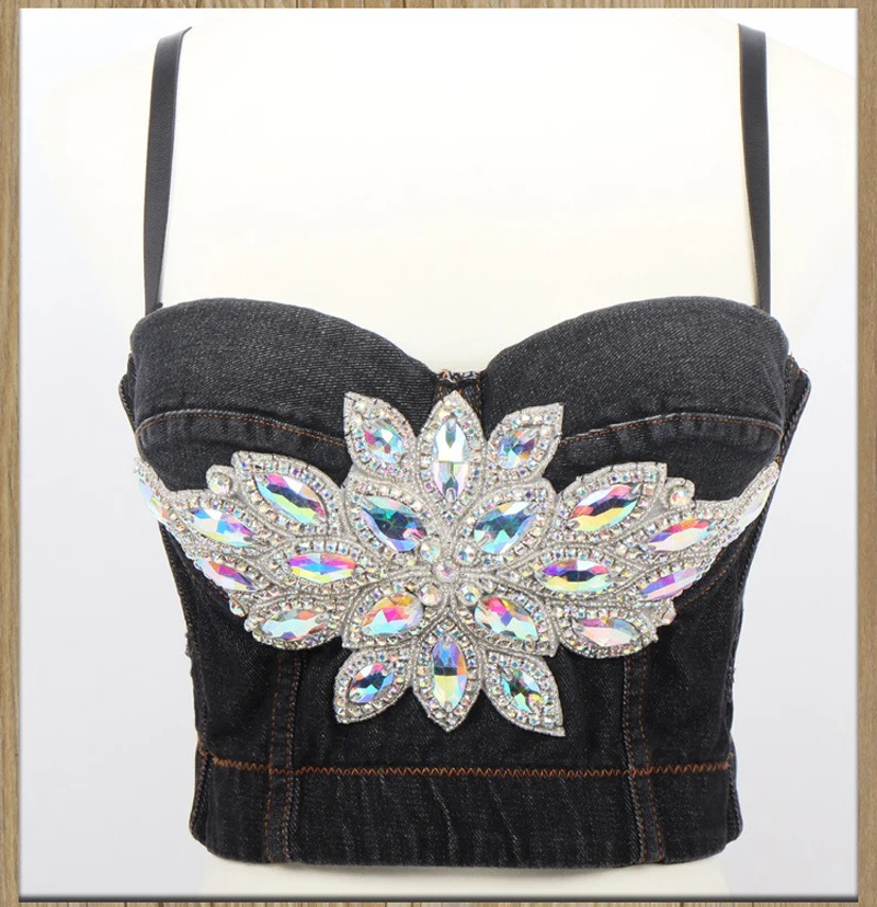 Fashion Sexy patchwork diamond beading Mesh Push Up Bralet female Corset Bustier Bra Night Club Party sexy Crop Top Vest