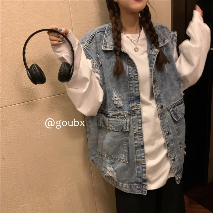

Outerwear Vest 2021spring and Autumn New Korean Style Loose All-Matching Jeans Top Female Temperament Fried Street Vest Coat