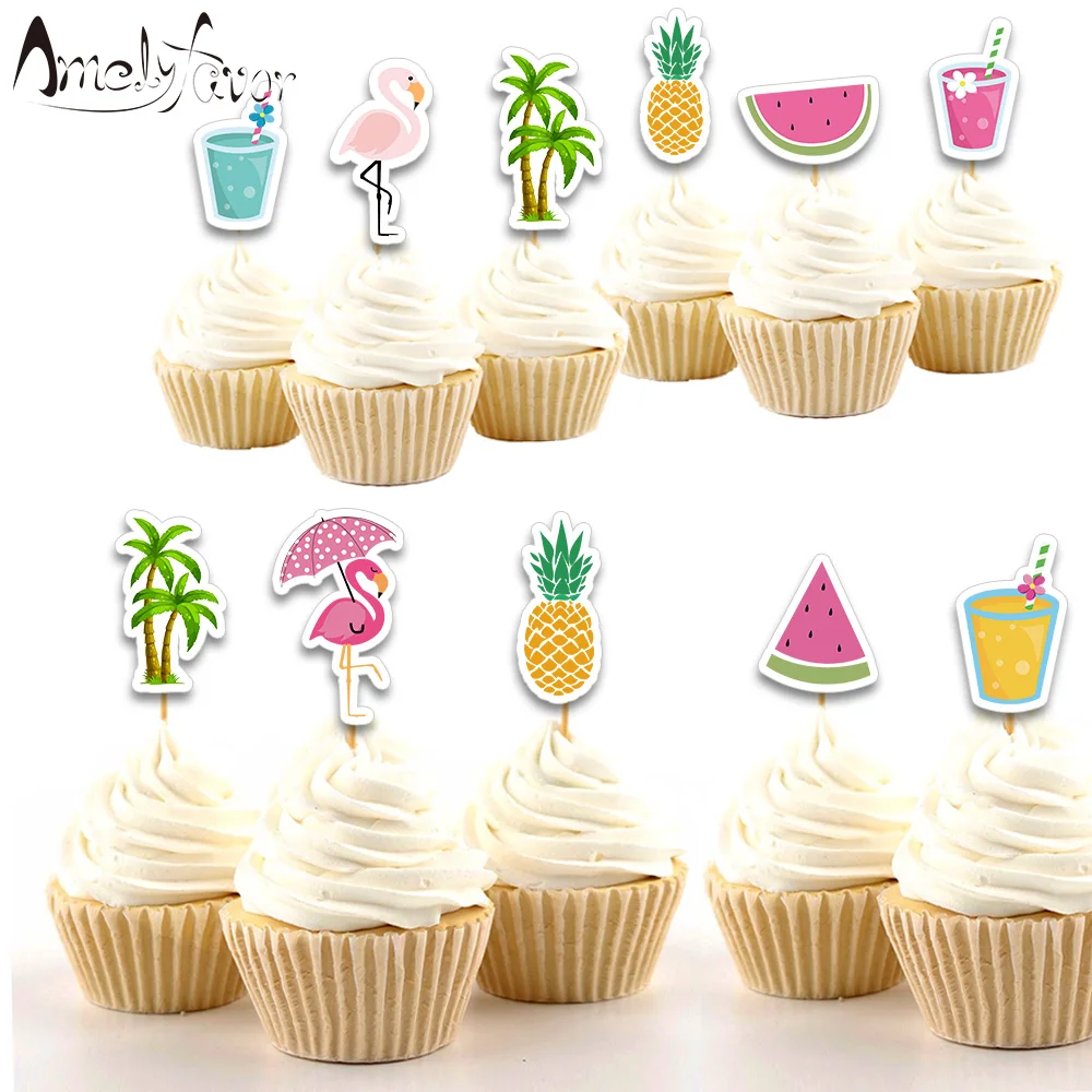 

Flamingo Theme Party Cupcake Toppers 18PCS Summer Holiday drinks watermelon Baby Kids Event Birthday Party Decorations Supplies