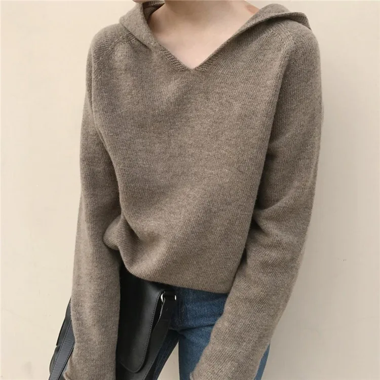 

HLBCBG 2021 spring autumn hooded sweater for women pure color oversize loose sweater women top female loose knit top women