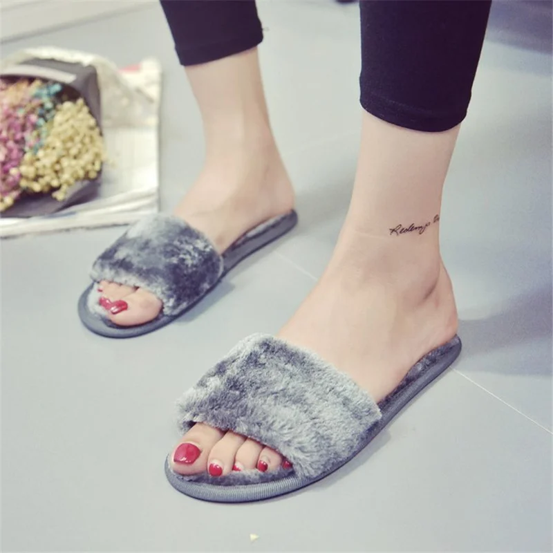 Женские тапочки Зимняя обувь Большие размеры Шлепанцы без застежки Пушистые на