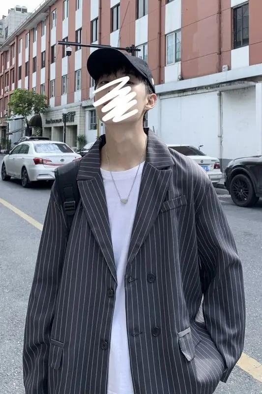 

2020 Spring And Autumn New Youth Popular Men's Loose Striped Double-breasted Suit Fashion Casual Top Gray/Black M-2XL