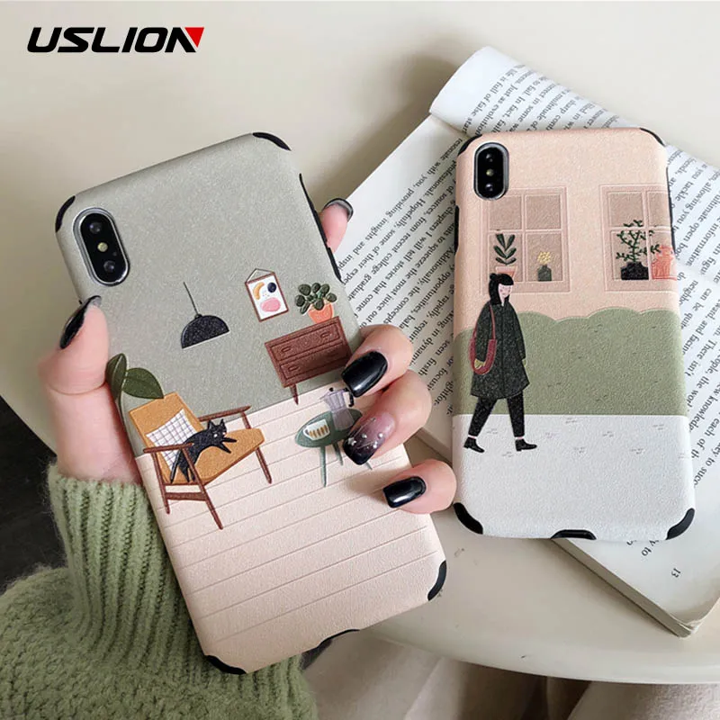 USLION Silk Texture Cartoon Cats Cases Cover For iPhone X XR Xs Max Soft TPU Silicone Matte Back 6 6s 7 8 Plus |