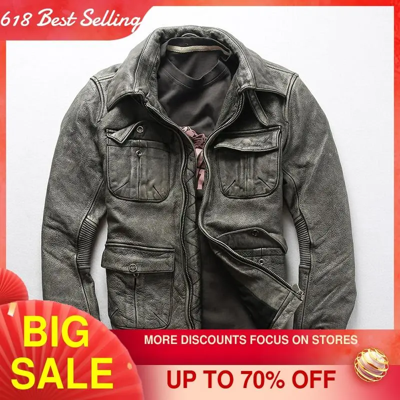 2021 винтажная серая мужская сафари кожаная куртка размера плюс XXXXL натуральная