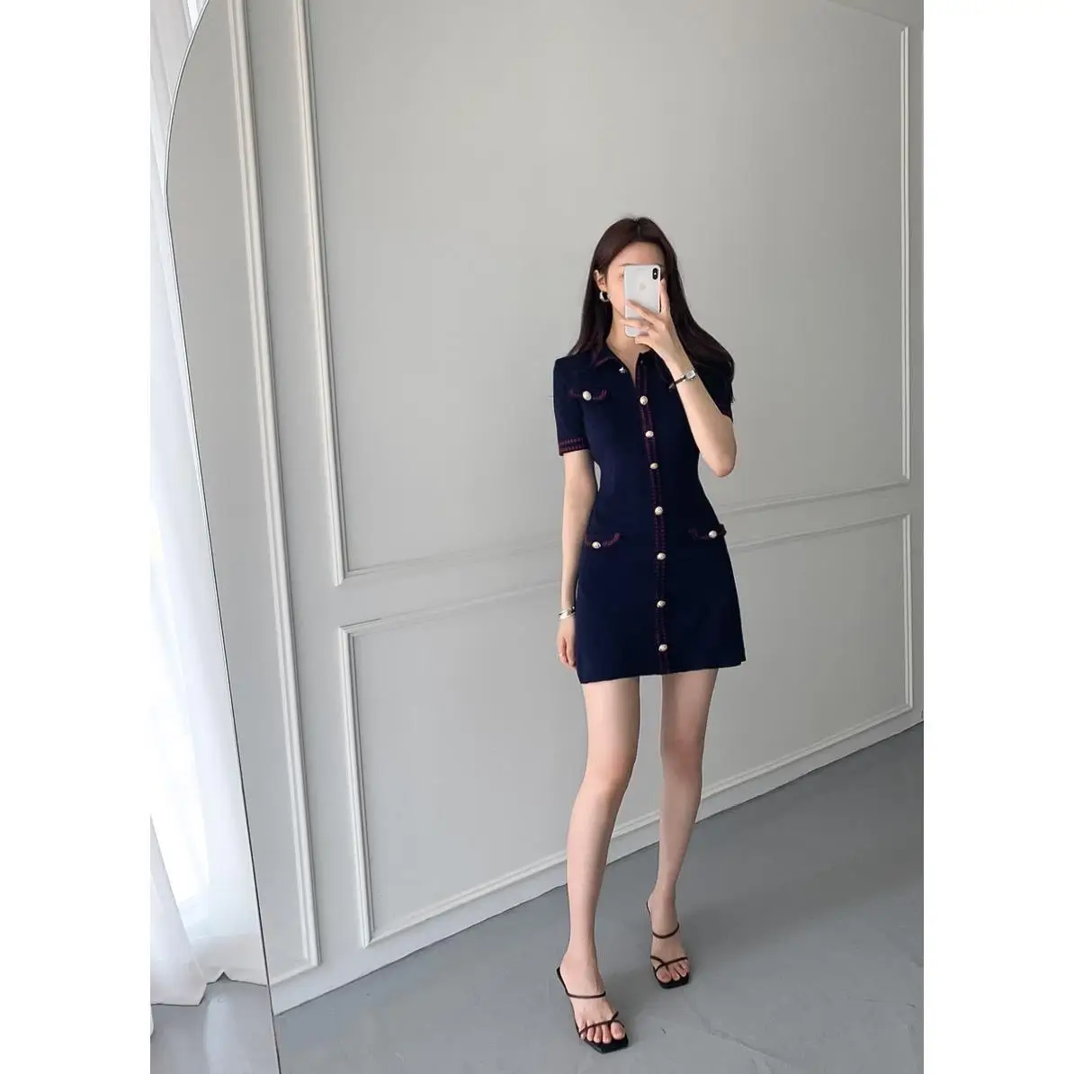 

2021 summer new women's Korean casual temperament pearl buckle French lapel retro slim short-sleeved knitted dress women