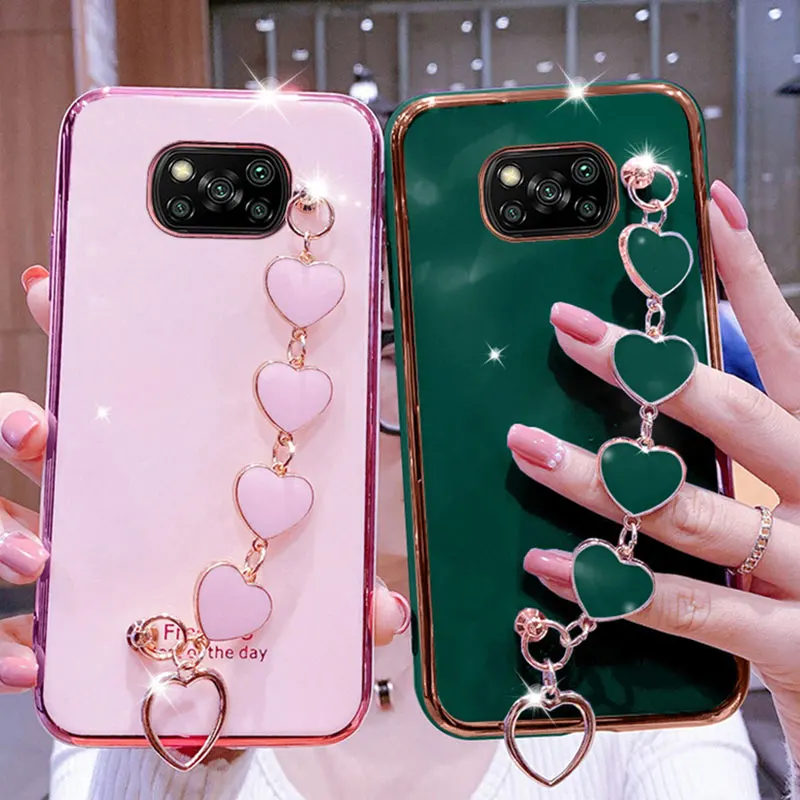 wrist bracelet phone case for xiaomi poco x3 nfc pro case luxury heart chain plating cover capa xiaomi poco x2 m3 f2 f3 x3 pro free global shipping