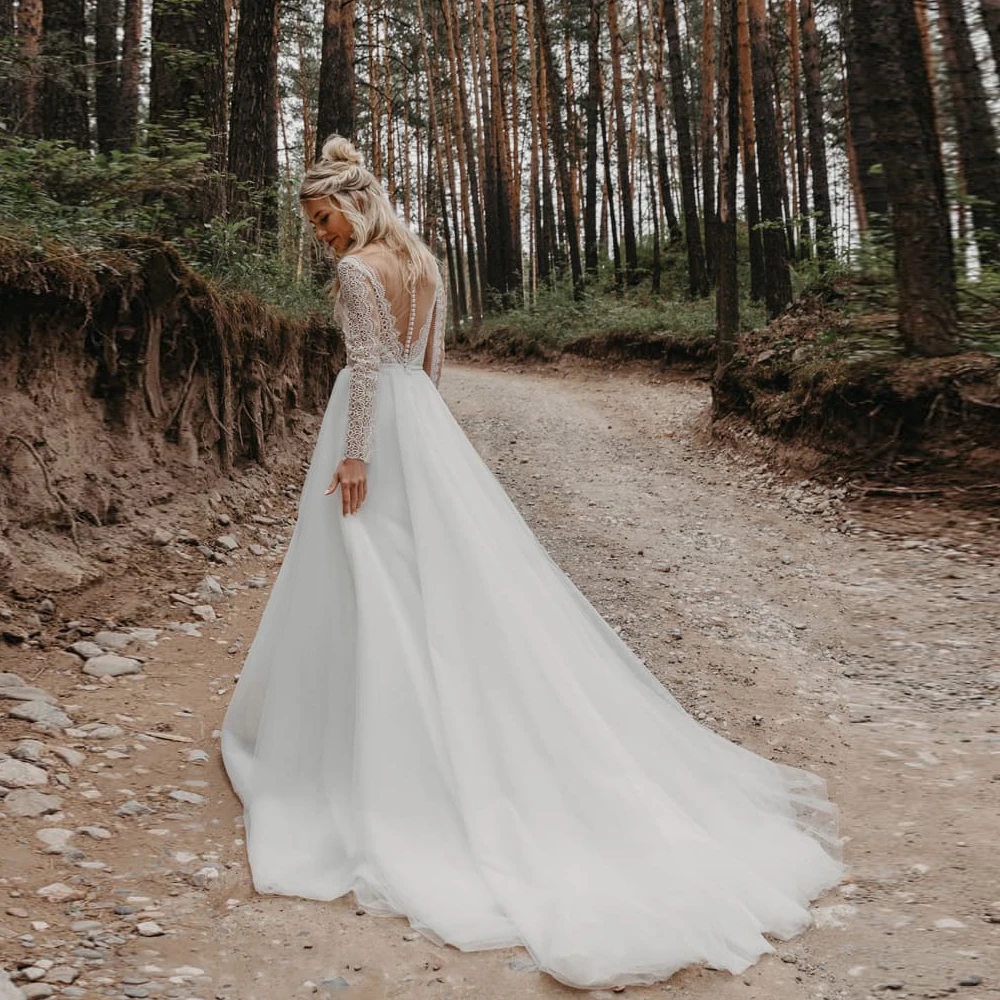 

Vestidos Charming Wedding Dresses Organza Illusion Appliques V-Neck Full Sleeve Covered Button Ball Bridal Gowns