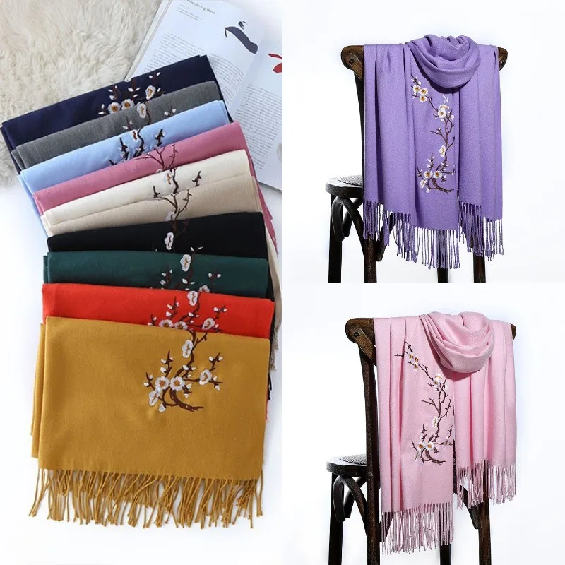 Осень-зима 2020 новая однотонная кашемировая теплая шаль с вышивкой в виде цветка