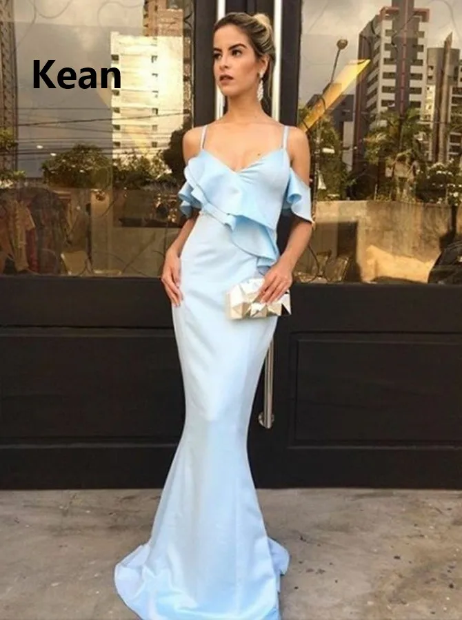 

Небесно-голубое вечернее платье на тонких бретельках, атласное простое платье с оборками в исламском стиле, Дубай, кафтан, Саудовский, арабс...