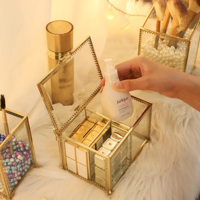 Стеклянный органайзер для косметики в золотой рамке Женский хлопковый губной