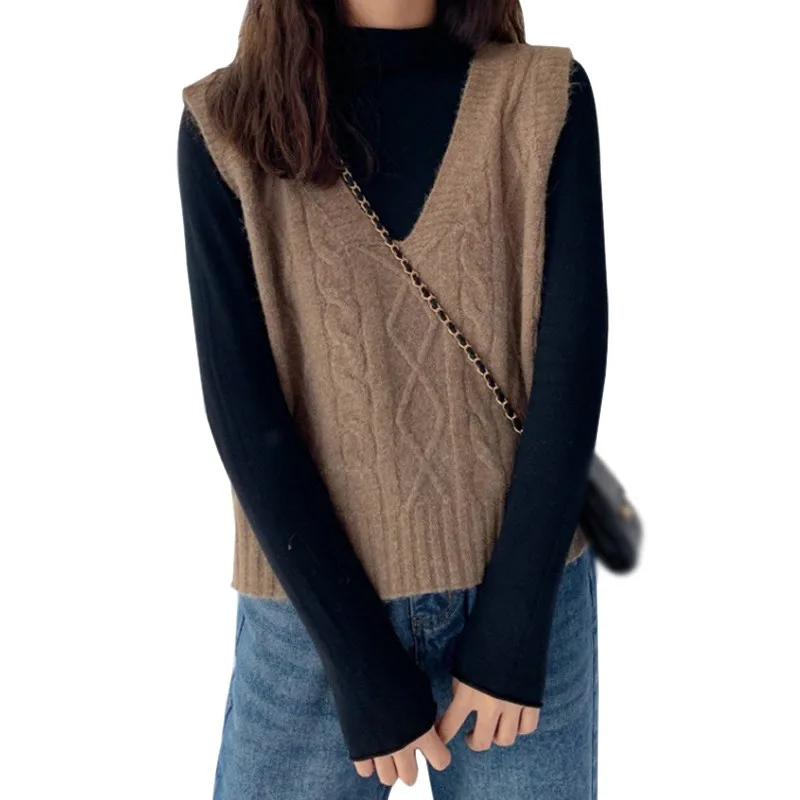 

Women Autumn Warm Vest Sweater Korean Elegant V-neck Pullover Loose Casual Knitting Tops Outerwear Vest Solid Women's Clothing